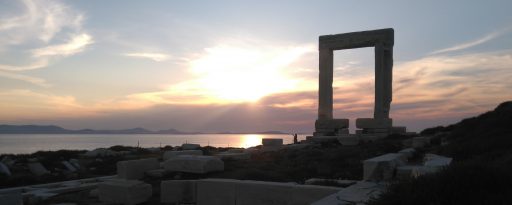 The ancient Portara at twilight on Naxos in Greece