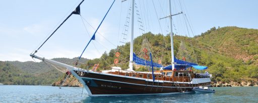 Wide shot of a gulet in front of wooded hills during a private charter
