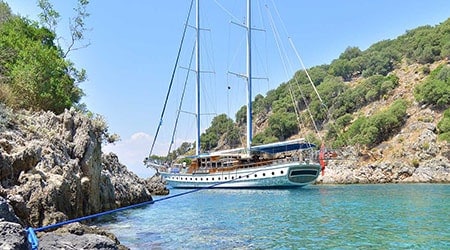 wide shot of a gulet on the Turkish coast