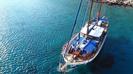 Aerial photo of a gulet on the Turkish coast