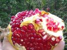 A fresh opened pomegranate, held in hand, picked from a tree at Kaunos, in the background, in Carian Turkey