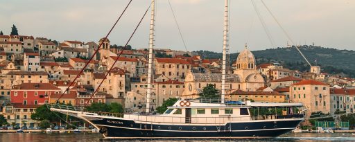 The gulet Aurum before the town of Sibenik in Croatia