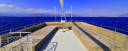 Seating area towards the stern on the flybridge of the gulet Kayhan 11 at sea in Turkey