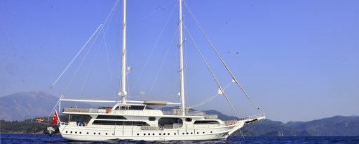 Wide shot of the starboard side of the gulet Kayhan 11 at sea off the coast of Turkey