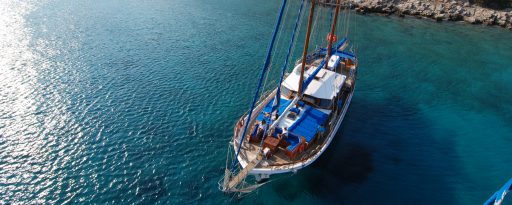 Aerial view of the Turkish gulet Sultan A anchored in a bay on the coast of Turkey