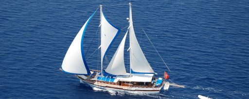 Aerial view of the Turkish gulet Sultan A under full sail in Turkey
