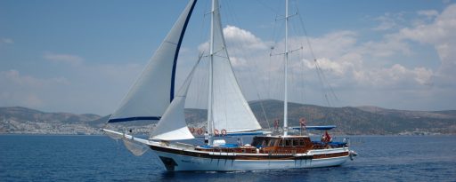 The gulet Sunworld 8 sailing in front of Bodrum in Turkey