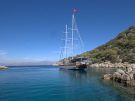 A traditional gulet at anchor in a quiet cove on the Lycian coast of Turkey