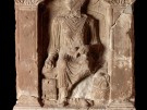 The ornate red Roman sandstone tombstone of Regina the freedwoman and wife of Barates of Palmyra, from outside the Roman fort at South Shields (Arbeia), just south of Hadrian’s Wall