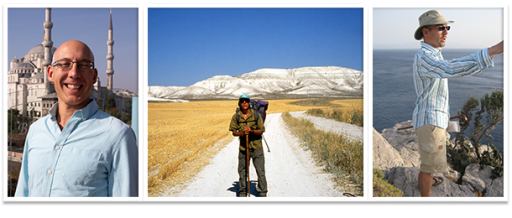 3 photos of Peter Sommer, in Istanbul, during his 2000 mile walk across Turkey retracing the route of Alexander the Great and guiding at Loryma