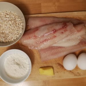 Before step 1: Most of the ingredients (I used frozen pollock, but fresh herring or mackerel would be preferable. Similarly, I had to use rolled oats, whereas steel-cut oats would have been more authentic). 