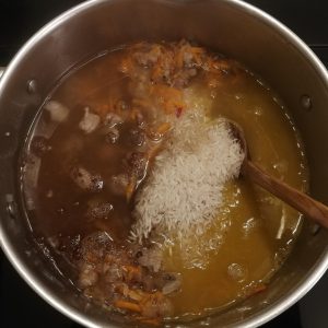 Step 5: the stock has been poured in and will be thouroughly mixed through.