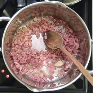 Step 2: punning aside, a non-stick frying pan would be a better choice here. Ours was in the dishwasher at the time. No pan do! The garlic is optional.