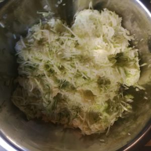 Further along step 2: Courgettes/zucchini grated.