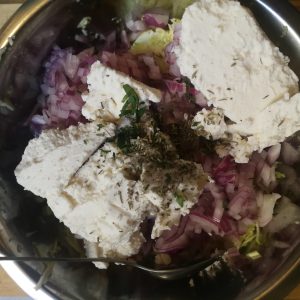 Still step 2: About to mix the filling, by hand or machine.