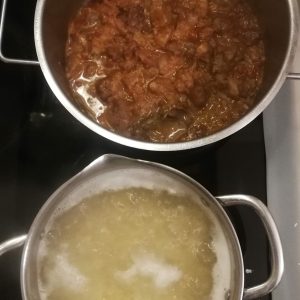 Step 6: brodet is resting and pasta is nearly done.