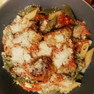 Step 8: the polpette are served (in this case on rigatoni, but note that there are many other options!).