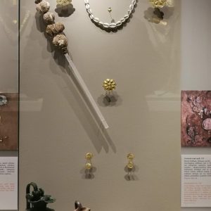 Full display of (female) Grave 197. Contents include a gold diadem with rosettes, gold coverings for the eyes and the mouth (stomion), a necklace of cowrie shells, an ivory sceptre (?), gold rosettes decorating clothing and shoes, a bronze oinochoe (wine jug) and one of clay, 18 bronze bracelets, a bronze pyxis (box) and iron knives. Circa 560 BC.