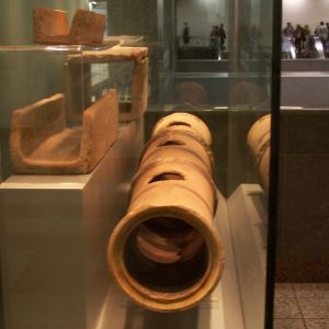 An archaeological display in the metro station below Syntagma Square, with pipes from the Archaic (6th century BC) aqueduct and clay drains.