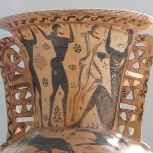 The neck of a proto-Attic amphora, c. 660 BC, showing Odysseus blinding Polyphemus, making it one of the earliest identifiable depictions of a Homeric scene. Eleusis Museum.