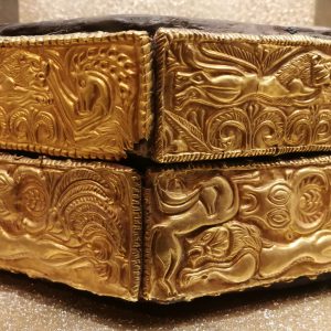 A wooden pyxis (box) of hexagonal shape, decorated with panels of sheet gold. C. 1550 BC. National Archaeological Museum, 