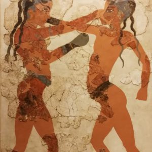 The famous Boxing Boys fresco from Building Beta at Akrotiri on Santorini, c. 1,600 BC, in the National Archaeological Museum.