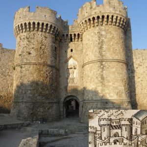 The splendid Marine Gate of Rhodes as it looks today and (inset) as Grünenberg drew it (it must have lost its outer barbican at some point in between). When Grünenberg visited, the first and unsuccessful Ottoman siege of Rhodes was just six years in the past. The second one, ending the reign of the Knights of Saint John in the Dodecanese, was to follow only 36 years later.