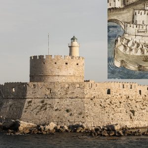 The fortress of Saint Nicholas, protecting the port of Rhodes, as seen today and as shown on Grünenberg's sketch.