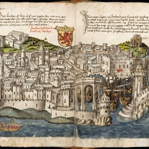 Grünenberg's drawing of Candia, Heraklion/Iraklio on Crete, certainly indicates a large and splendid city. The fortified harbour with its arsenals is quite clearly recognisable (not so the actual shape of the arsenals), but much other detail has changed since, including the outer fortifications. I love the inclusion of a little group of travellers going ashore on a small boat, like the zodiacs we use nowadays (but we require our guests to wear life vests!).