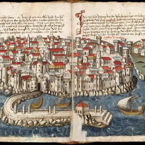 Modon, modern Methoni in the Peloponnese, has changed substantially since Grünenberg's days. Today, the Venetian fortress is a vast and empty ruin and the present town sits on the mainland across the moat. In 1486 it was not so. Remarkably, the sea gate with the little causeway leading to an outer fort has not changed much at all. We walk it with our guests every year.