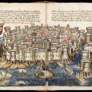 Ragusa, modern Dubrovnik. A surprisingly accurate view, with the enclosed harbour on the right, the Lovrijenac Fort on its rock spur to the left, the clifftop seawalls, the massive inland fortifications and many other details.