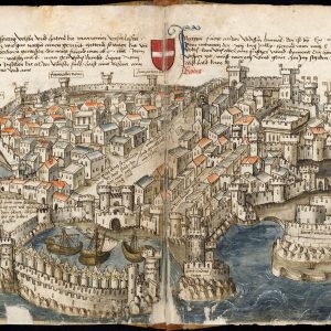 In contrast to that of Candia, Grünenberg's drawing of Rhodes is immensely clear and recognisable, and copiously captioned. The multiple harbours are still there as he shows them, and the same applies to the row of windmills (now fewer) on the nearest pier. The fortifications are faithfully rendered and labelled correctly. Much of his detail in the interior of the city, such as the Palace of the Grand Masters (large structure on the right) is rendered quite accurately.