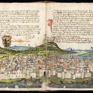 The first of our destinations reached by Grünenberg in 1486 was Zara, modern Zadar, where he went ashore to take a city tour. The basic outline of the city in its peninsular location is clearly visible, and several monuments are recognisable, such as the cathedral at the centre and the round Church of Sveti Donat further to the left.