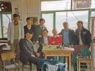 Peter Sommer and local villagers in a tea house east of Troy during his 2000 mile walk retracing the route of Alexander the Great across Turkey