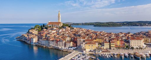 View of the old town and harbour of medieval Rovinj in Istria, Croatia