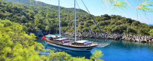 Wide shot of a gulet anchored in a small cove swathed in pine trees on the turquoise coast of Turkey