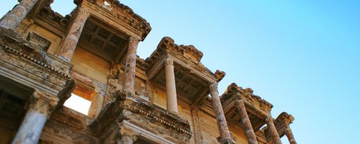 The upper section of the Roman Library of Celsus at Ephesus in Turkey