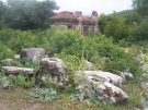 Ancient architectural sculpture, a 19th century cottage and a lot of vegetation at Stratonikeia in Turkey