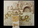 Domestic shrine (lararium) painted on a kitchen wall in Villa 6, Terzigno, near Pompeii. Snakes approach a real altar in front of the painted wall, above which a painted fire and offering of pine cone and eggs are shown. Above this, a man with toga veiling his head is shown sacrificing on an altar, flanked by two lares, Roman household gods. The niche is for small sculptures showing such figures.