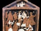 A 4th century BC votive plaque from Eleusis, depicting the festival. Demeter (seated) and Persephone are receiving a procession of torch-bearers. Athens, National Museum. (Image: Wikimedia, User Marsyas)