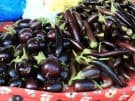 Different types of aubergine on display in a market on the island of Rhodes.