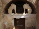 The outer facade of the Kasta tomb, with the doorwaym lintel and sphinxes, only their heads and wings missing. (Image: Greek Ministry of Culture).