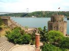 The new open-air theatre and the lower tower (Halil Pasa Tower), overlooking the Bosphorus and Fatih Sultan Bridge.