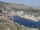 Thee town and harbour of Symi in the Greek Dodecanese viewed from above