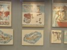 A series of Mycenaean frescoed wall-paintings displayed as panels in the Athens National Museum in Greece. Removed from their original positions on palace walls, some have irregular outlines now and restored areas.