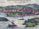 A hand-colored antique engraving showing a panoramic view of the fortified city of Poreč, Croatia. The walled town features red-roofed buildings and stone towers on a peninsula, surrounded by blue water with small sailing ships. Rolling green hills are visible in the background under a Latin title.