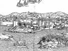 A black and white 15th-century woodcut panoramic view of the fortified coastal town of Poreč, titled
