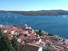View over the rooftops of Sibenik old town and cathedral towards the sea in Croatia
