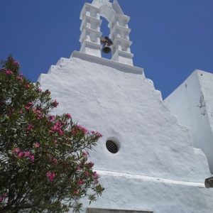The façade of one of the many chapels in Amorgos Chora: simple in shape, but with ornate detailing on the belfry and door frame.