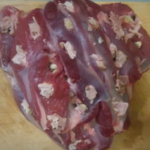 Step 1: beef with bacon and garlic.